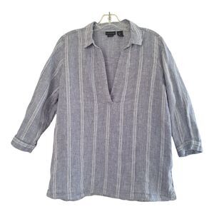 Tahari 100% Linen tunic top blouse Lagenlook blue stripe L popover split V neck